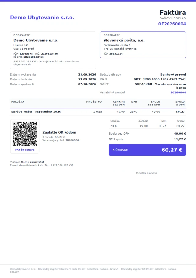 PDF invoice with PAY by square QR code