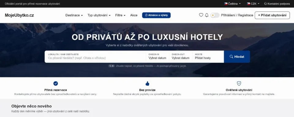 Náhľad webu MojeUbytko.cz
