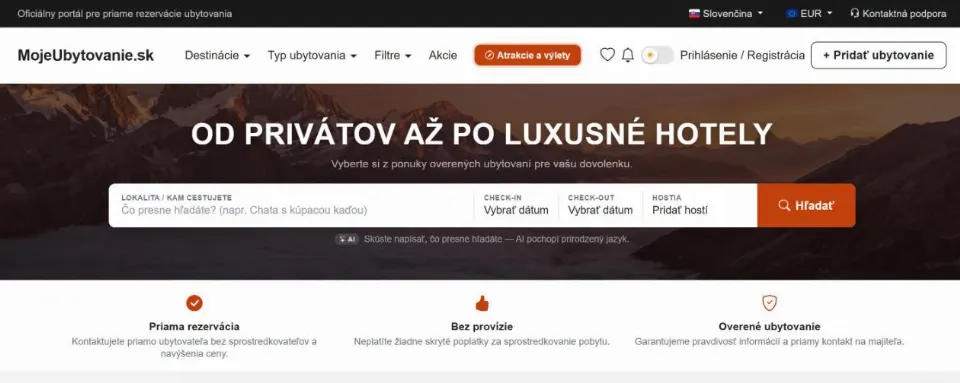 Náhľad webu MojeUbytovanie.sk