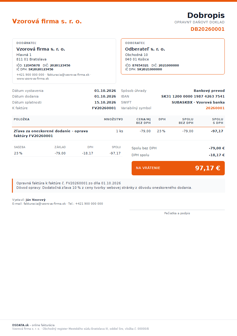 Vzor dobropisu (opravnej faktúry) – vyplnený vzor