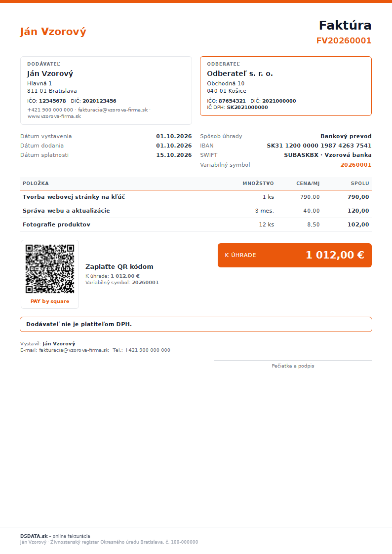 Vzor faktúry neplatiteľa DPH (živnostník) – vyplnený vzor